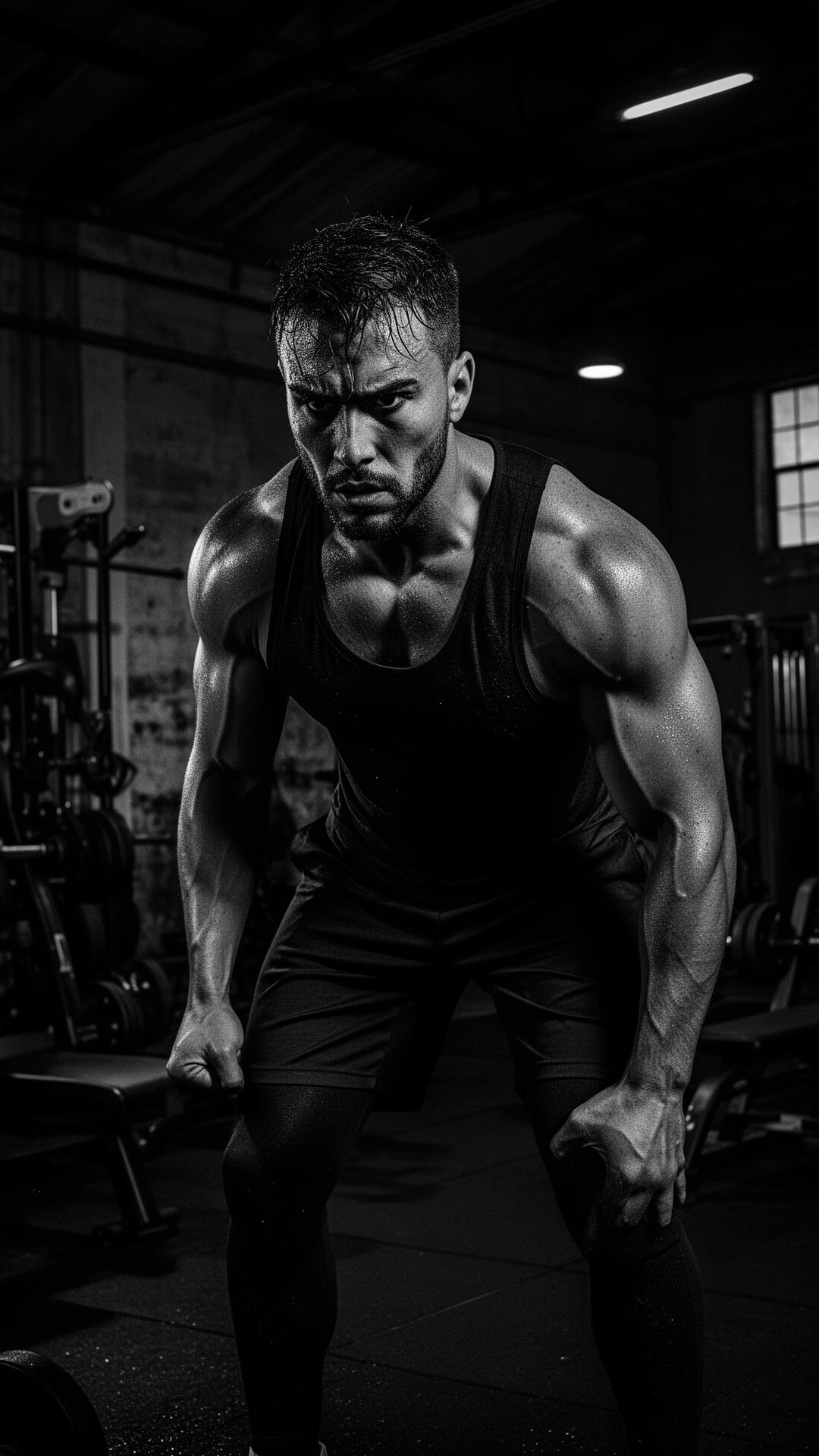 Athlete training hard in a dark gym